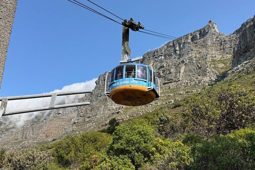 A cable car suspended over a mountainous landscape. 3