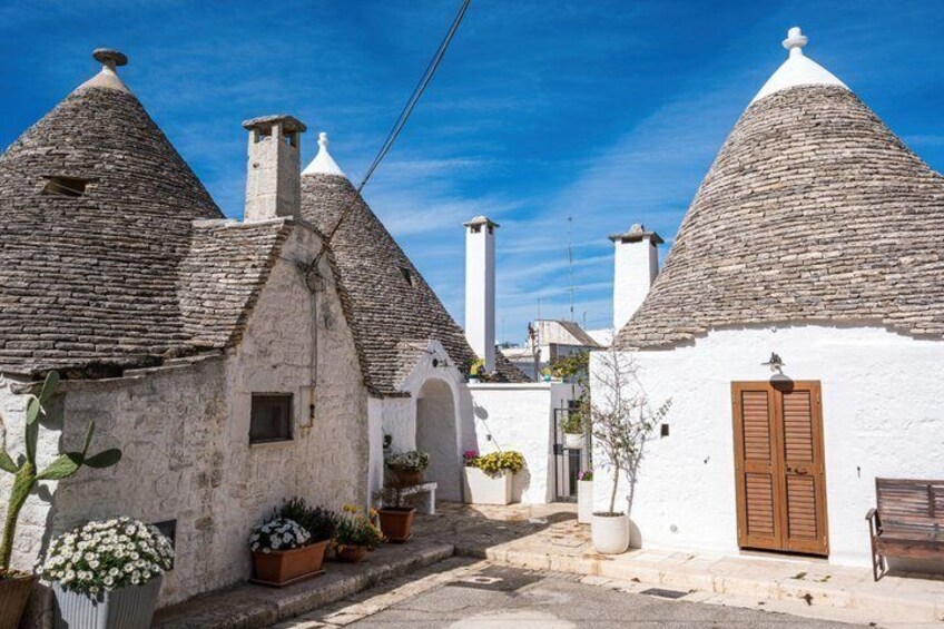 A narrow street with traditional stone-roofed houses, white walls, and potted plants. 4