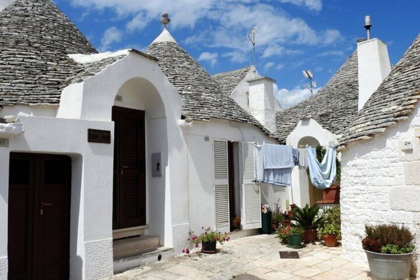 A white building with a stone roof, a door, and a small garden with potted plants. 2