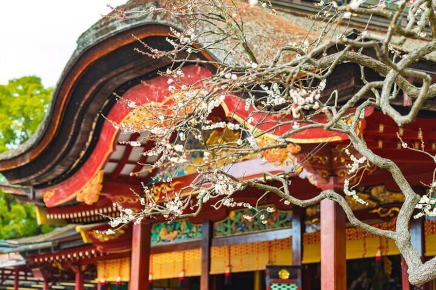 A traditional building with ornate architecture and flowering branches. 5