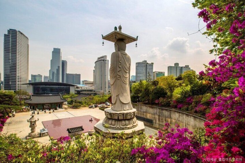 A large statue in a park with a city skyline in the background. 5