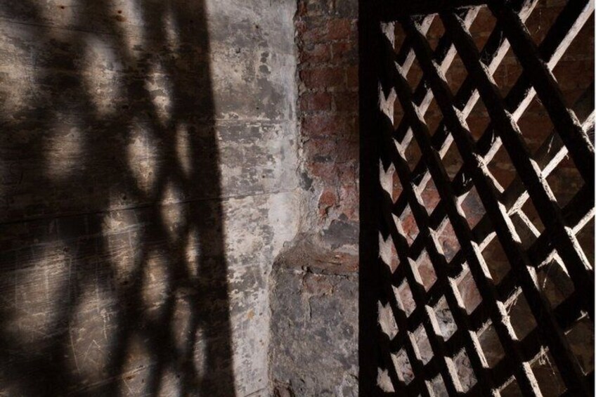 A shadow of a tree on a brick wall and a lattice fence. 2