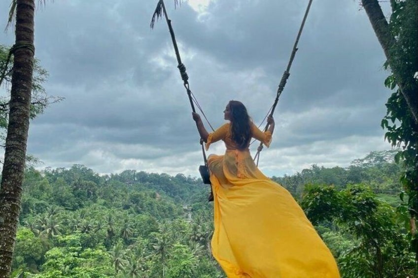 A person swinging on a swing in a lush, green forest. 2