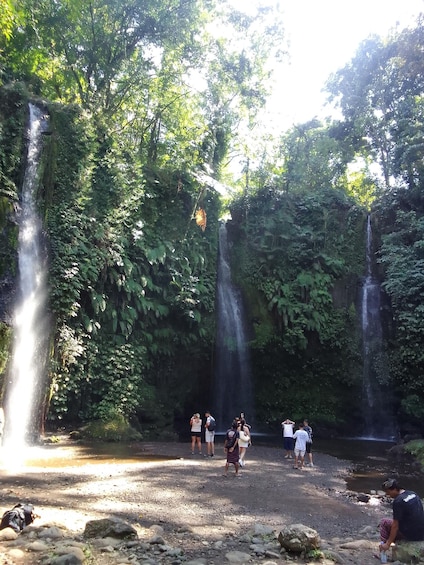 A waterfall surrounded by dense foliage with people standing and walking around. 5