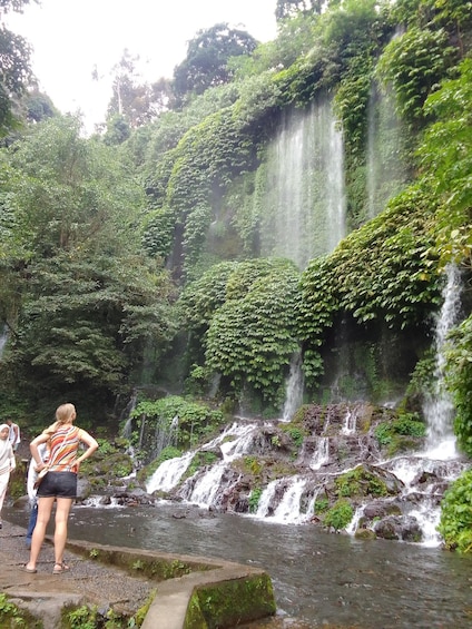 A waterfall cascading over rocks in a lush, green forest. 1
