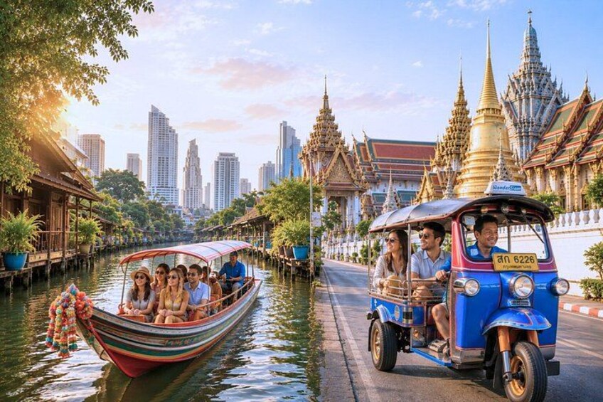A boat with passengers, a tuk-tuk, and traditional Thai architecture. 1