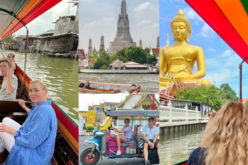 A river scene with traditional boats, a large golden Buddha statue, and a temple with a tall spire. 1