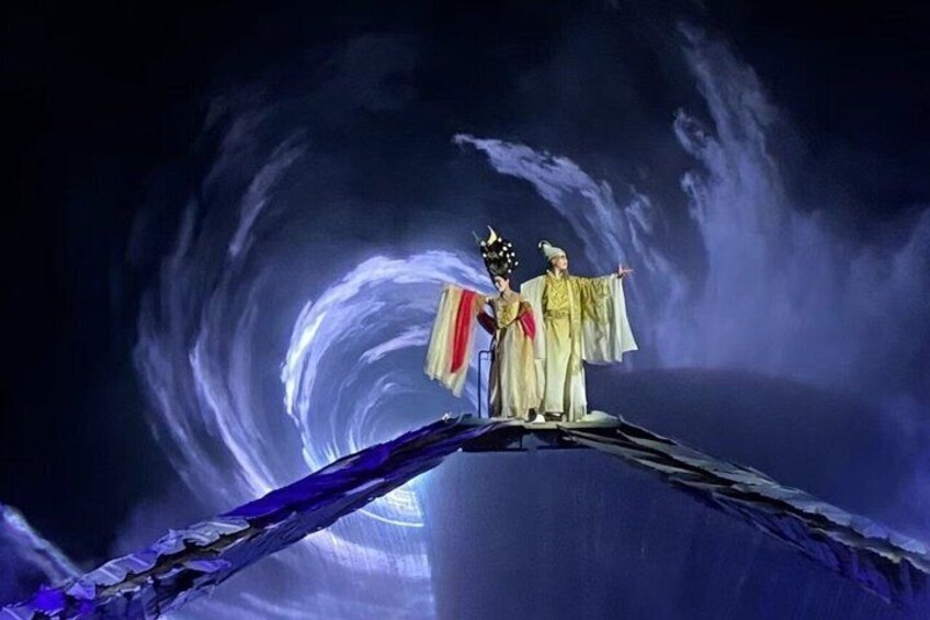 Two figures on a bridge with a swirling vortex in the background. 4