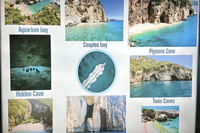A collection of coastal and cave locations including Aquarium bay, Couples bay, Pigeons Cave, Hidden Cave, and Twin Caves. 4