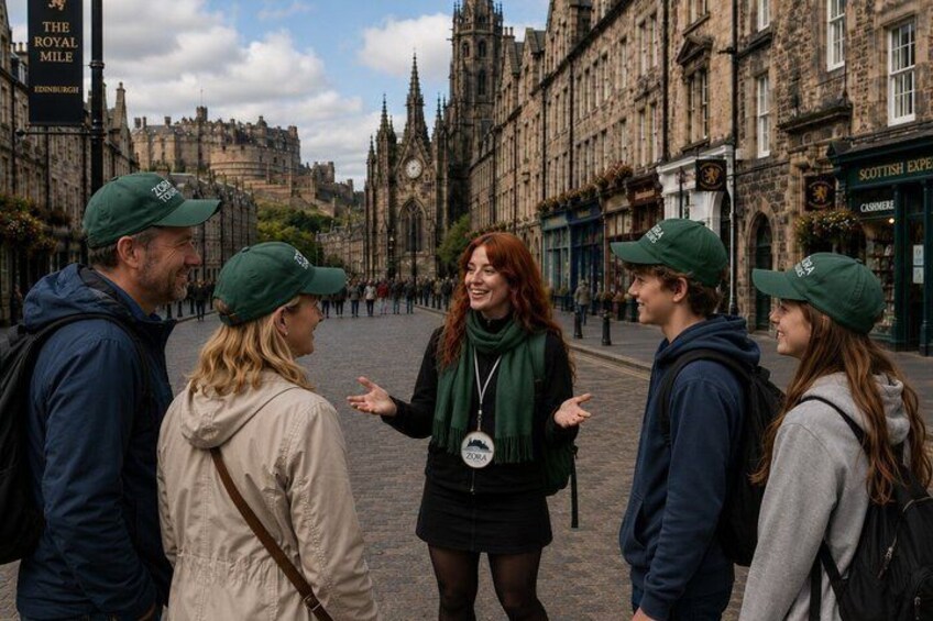 A group of people in a historic street with stone buildings and a clock tower. 1