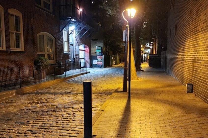 A cobblestone street at night with brick buildings, a metal fence, and street lamps. 4