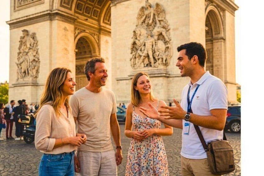A group of people standing in front of a large historical monument with intricate sculptures. 1
