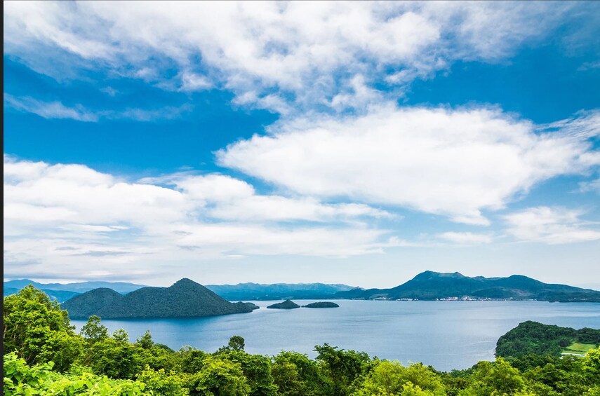 A coastal landscape with a clear sky, a calm sea, and lush greenery. 3