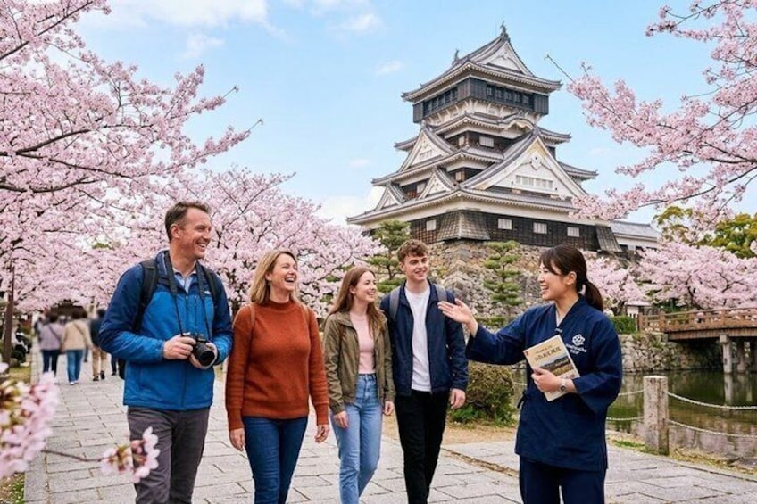 A group of people walking in a cherry blossom-lined path with a traditional Japanese castle in the background. 1