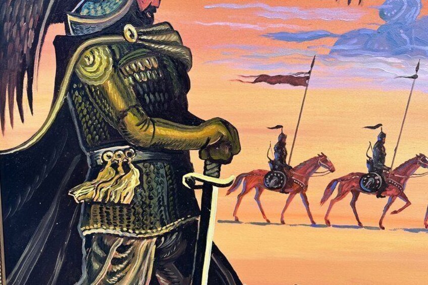 A figure in armor with a spear, a bird, and a shield, and three horsemen in the background. 2