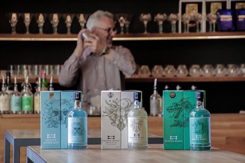 A bar with bottles of gin and a person behind the bar. 2
