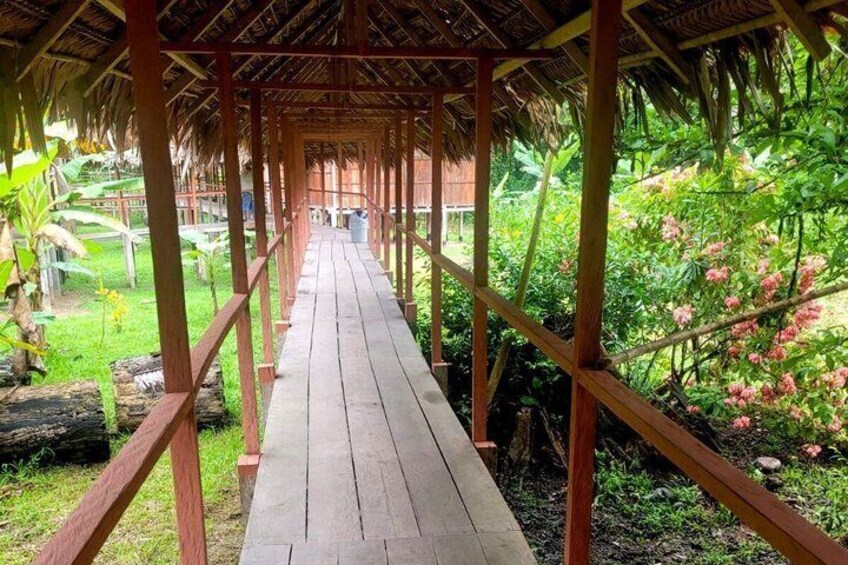 A wooden walkway with a thatched roof, surrounded by lush greenery and flowering plants. 1