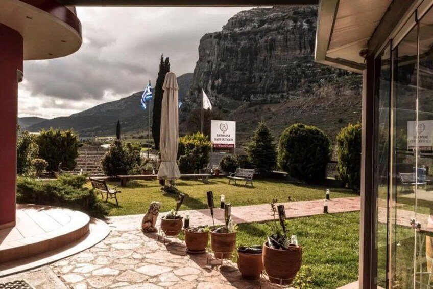 A patio with potted plants, a flag, and a mountainous backdrop. 3