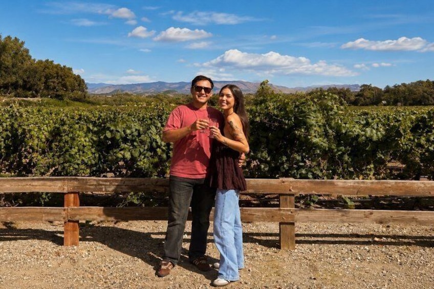 A vineyard with rows of grapevines and a wooden fence in the foreground. 1