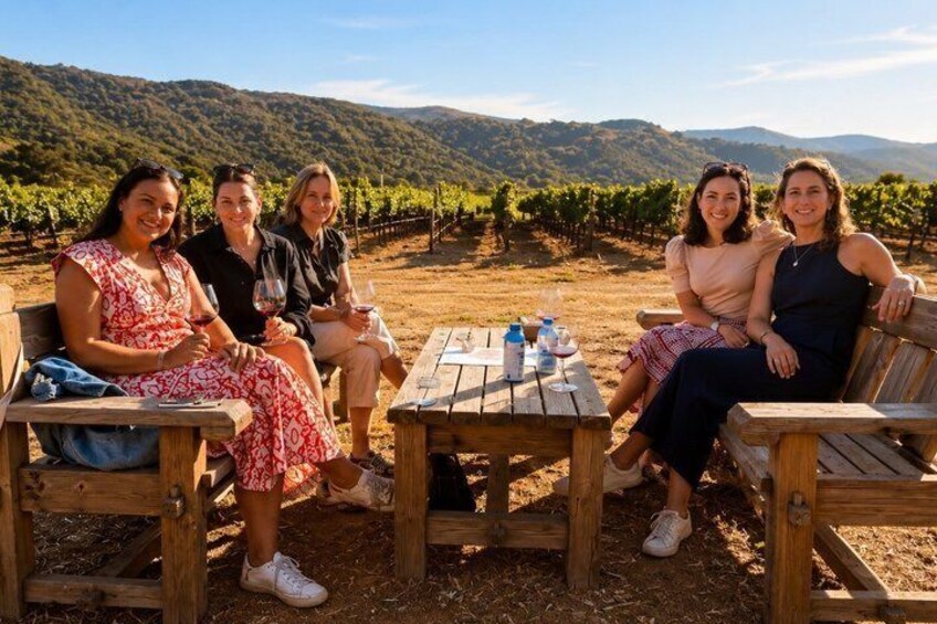 A group of people sitting on wooden benches at a table with wine glasses and bottles, surrounded by a vineyard landscape. 5