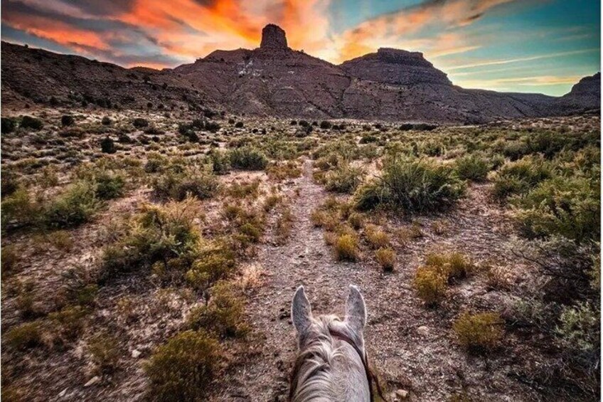 A desert landscape with a prominent rock formation in the distance and a path leading towards it. 4