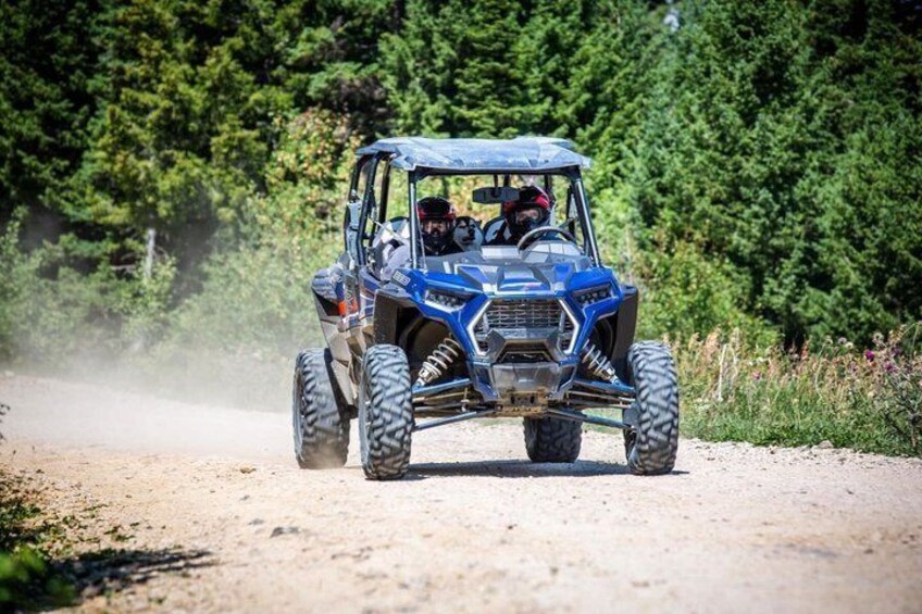 A blue off-road vehicle driving on a dirt road surrounded by greenery. 5
