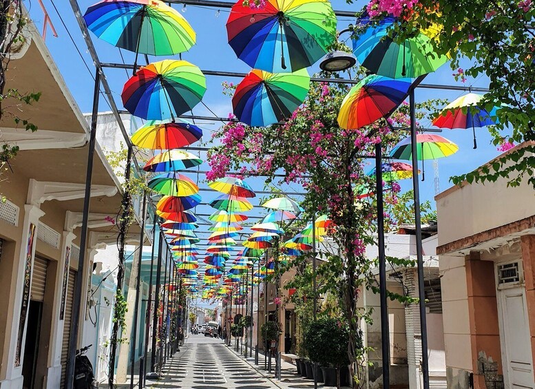 A street lined with colorful umbrellas and pink flowers. 3
