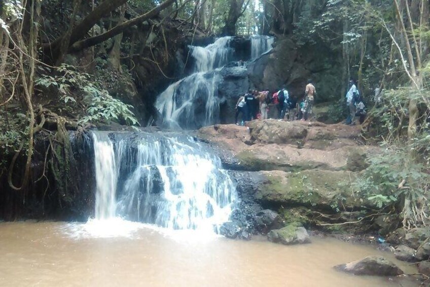 A waterfall cascading over rocks in a forested area with people observing the scene. 4