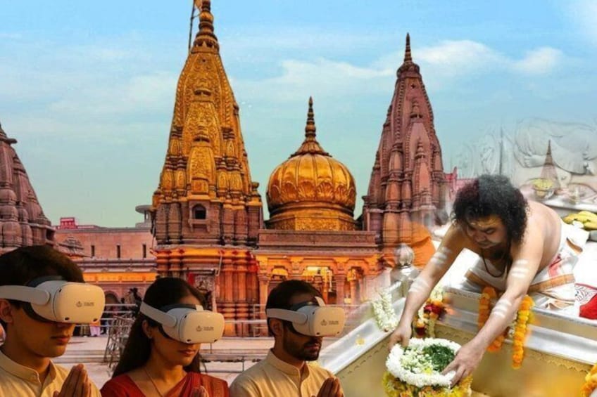 A temple with golden domes and spires, and a person arranging flowers on a table. 1