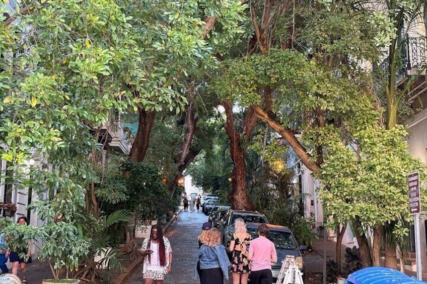 A tree-lined street with pedestrians and parked cars. 3