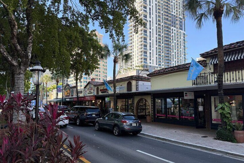 A street lined with palm trees, a black car, and a building with a blue awning. 2
