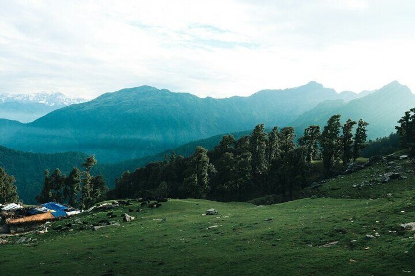 A grassy hillside with a blue tent and a small structure, surrounded by dense trees and distant mountains. 2