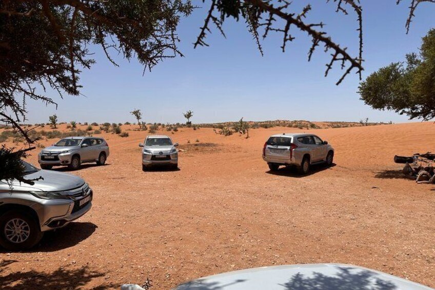 Three cars parked in a desert with sparse vegetation and a clear sky. 5