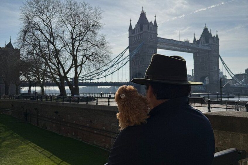 A person wearing a hat and a coat, holding a fluffy dog, overlooking the Tower Bridge. 1