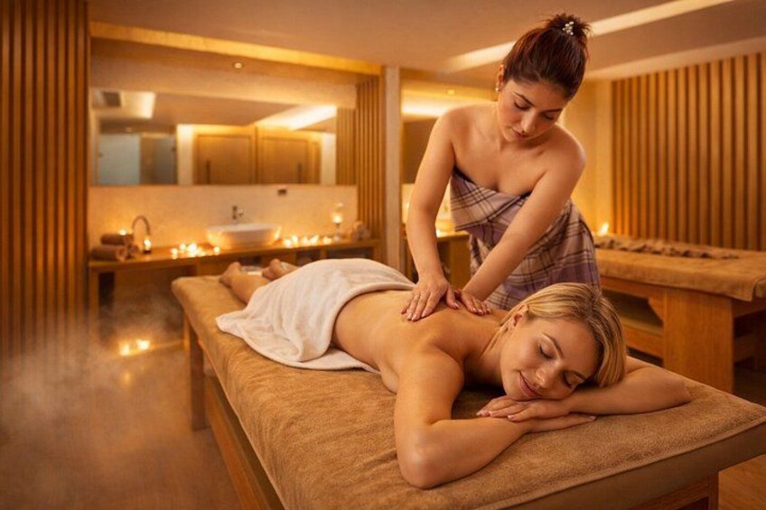 A massage therapy session in a spa with a wooden massage table, candles, and a mirror. 4