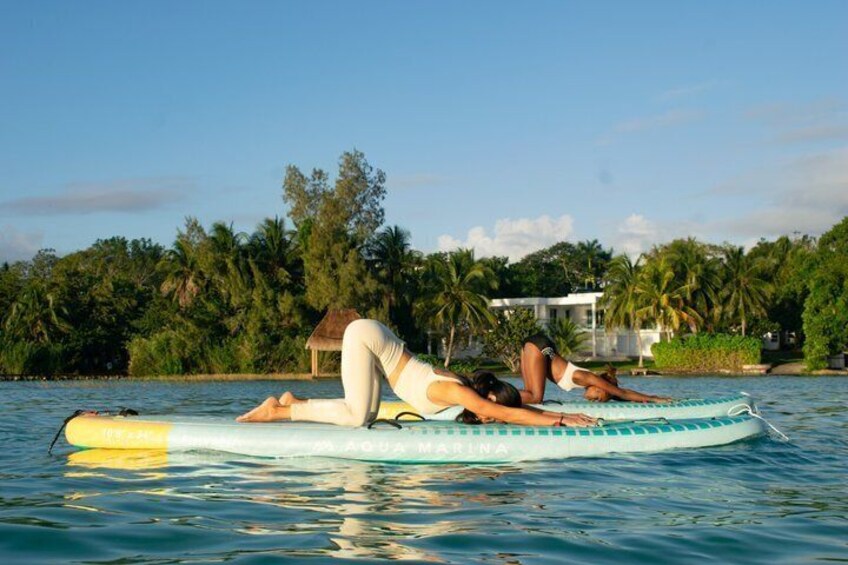 Two people practicing yoga on a floating mat in a tropical setting with palm trees and a house in the background. 5
