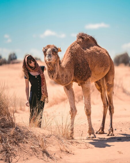 A person standing next to a camel in a desert with sparse vegetation. 1