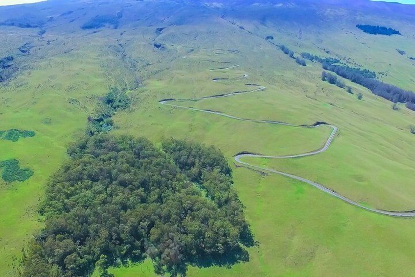 A winding road through a green landscape with a dense forest area. 4