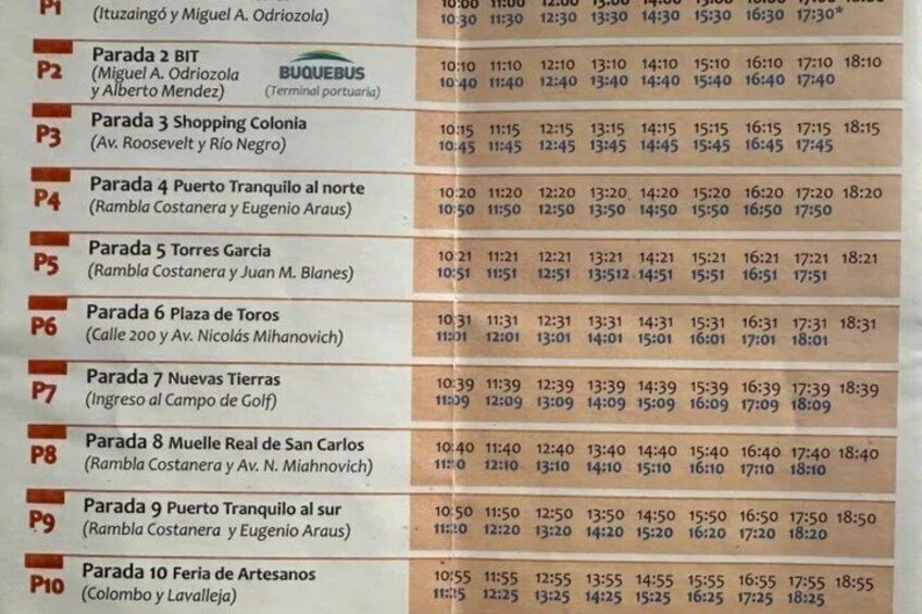 A bus schedule with stops and times. 3
