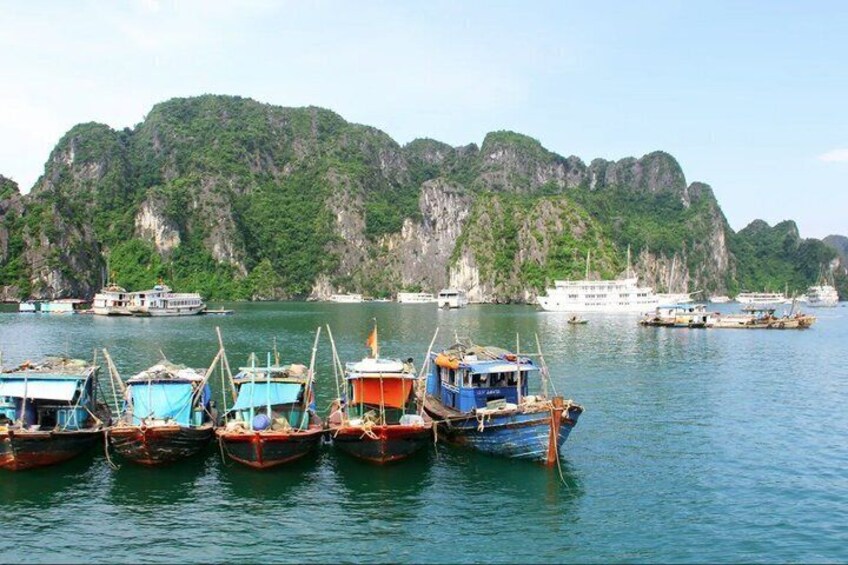 A harbor with boats docked, a large white boat in the background, and a mountainous coastline. 5