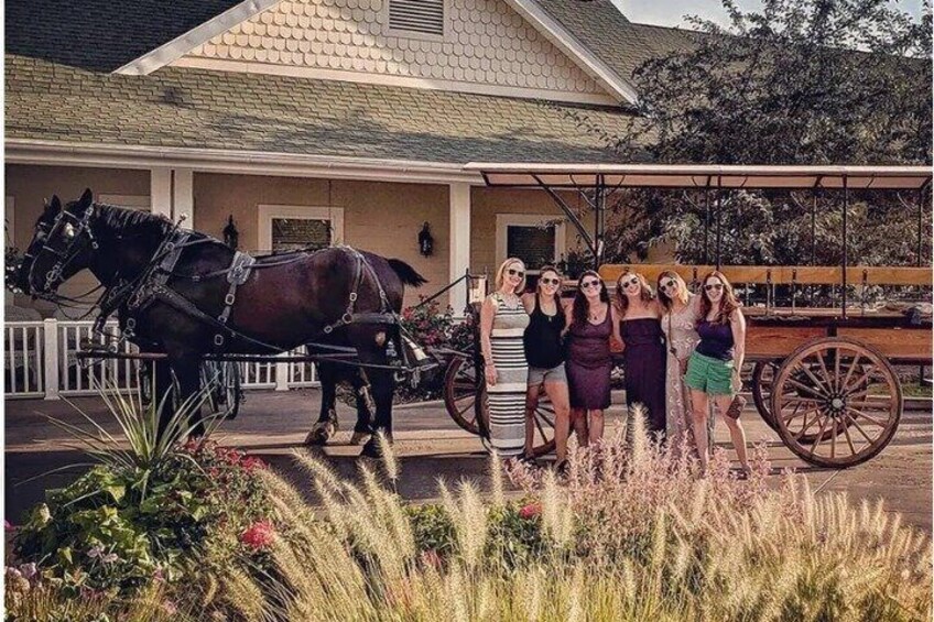 A group of people standing in front of a house with a horse-drawn carriage. 5