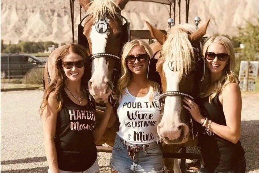 Three people standing with horses, one wearing a tank top with 'HAKUNA MOSAIC' and another with 'POUR T'NEH HIS LAST NAME MINE.' 3