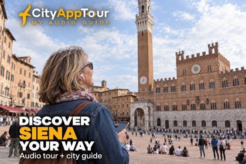 A person with a backpack in a historical square with a prominent tower. 1