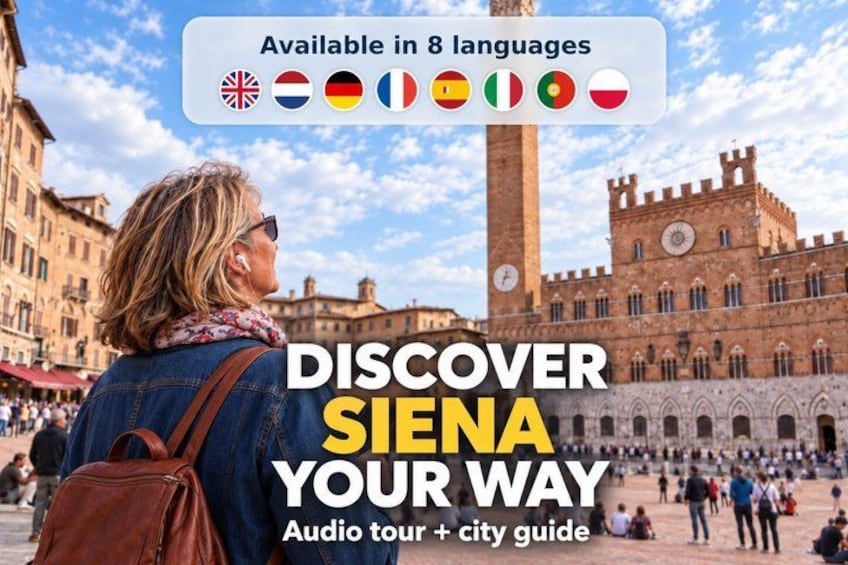 A woman with a backpack in a historical square with a tall tower. 1