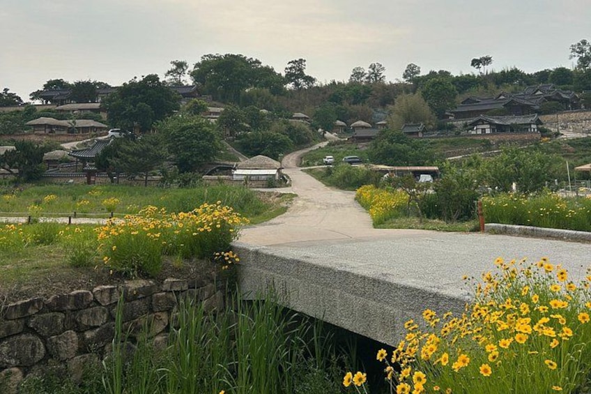A rural landscape with traditional houses, a stone wall, and a paved path leading through the area. 2