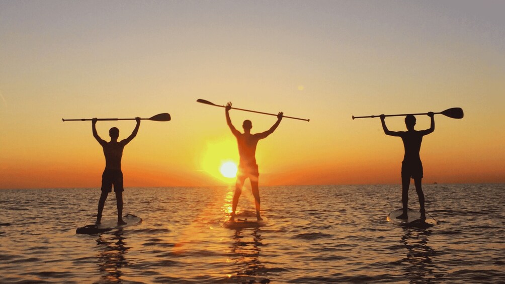 Three people paddleboarding at sunset with the sun setting in the background. 3