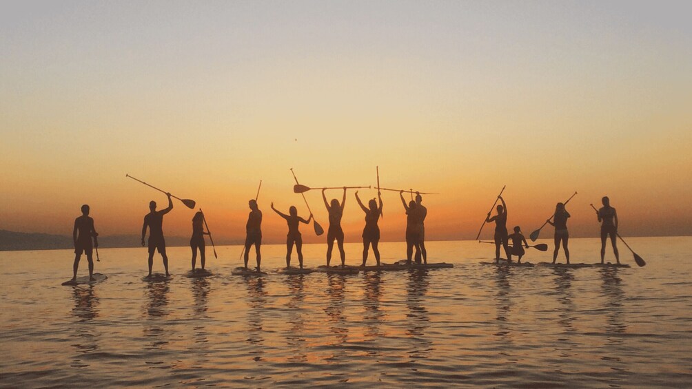 A group of people paddleboarding at sunset. 5