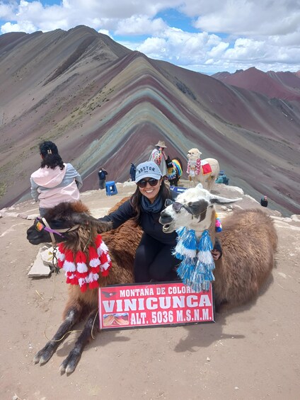 A person with llamas in a mountainous area with a sign reading 'MONTANA DE COLOR.' 4