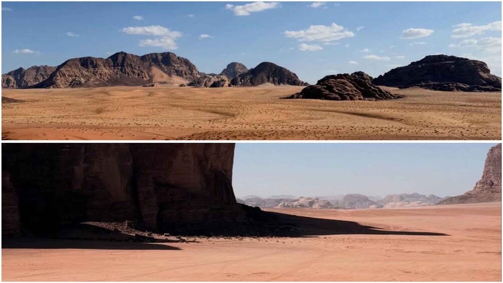 A desert landscape with rocky mountains and a clear sky. 1