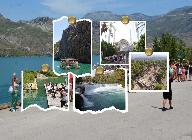 A mountainous landscape with a lake, a boat tour, a waterfall, and ancient ruins. 3